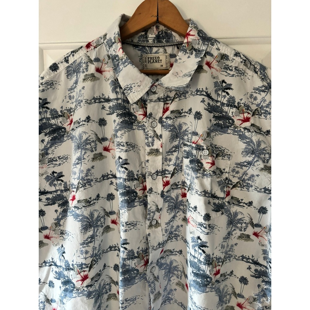 Free Planet Button Down Shirt Mens 3X White Blue Palm Tree Tropical Casual Aloha